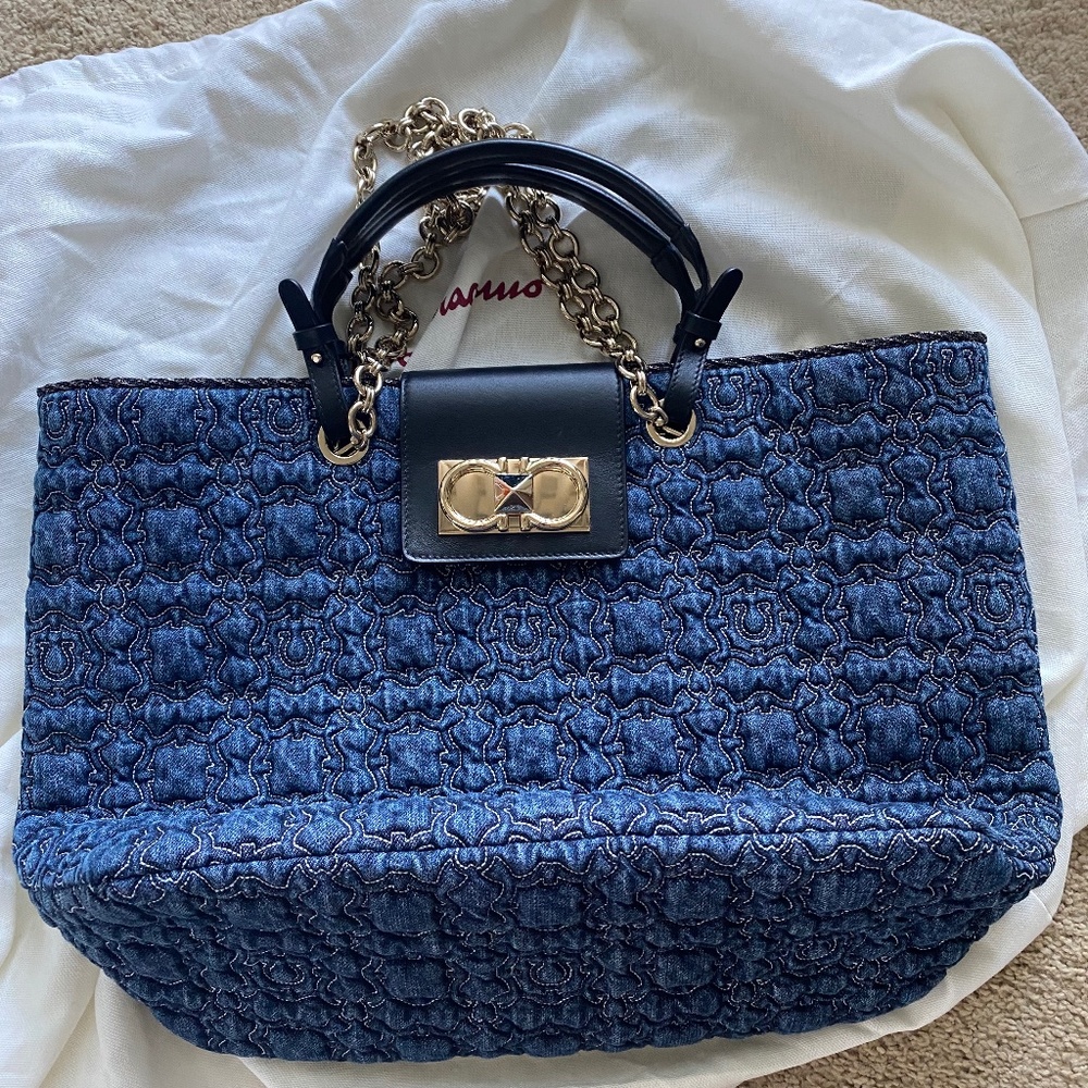 Ferragamo Large Gancini Galore Tote Bag In Denim
